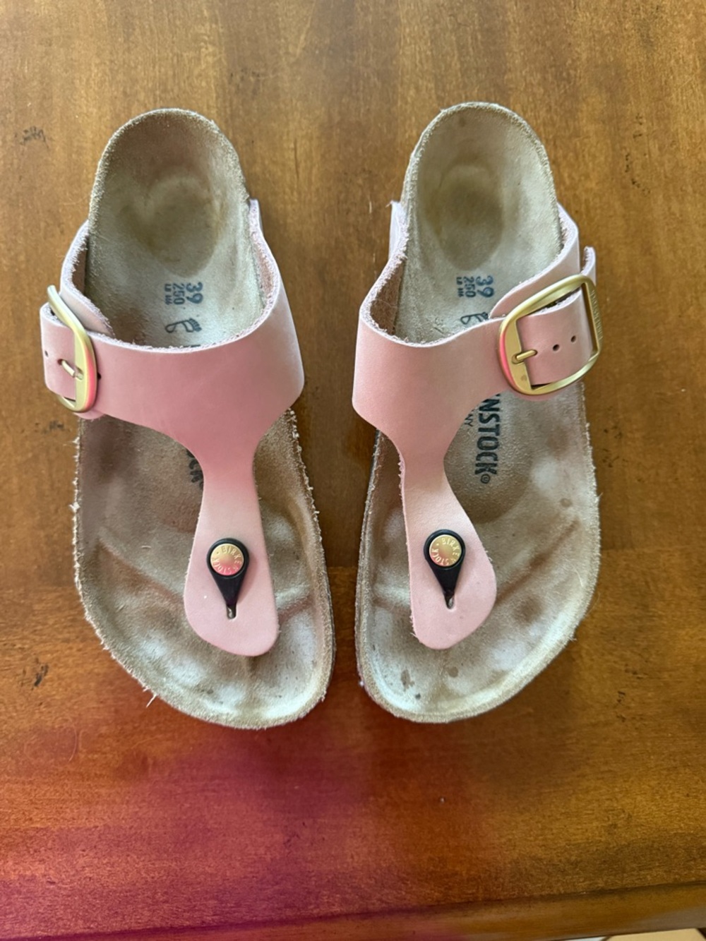 Birkenstock Blush Pink Gizeh Sandals with Gold Buckles